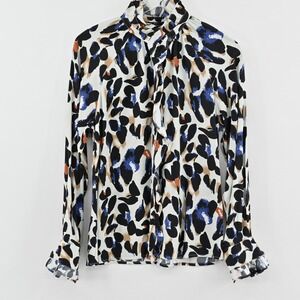 Boho Chic Ruffle High Neck Blouse Womens Size XS Blue Tan Leopard Print Sultry